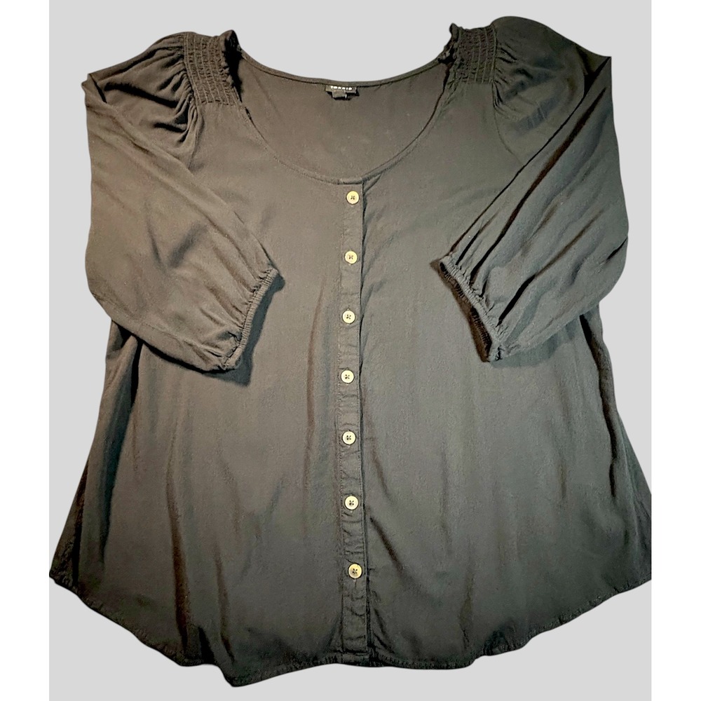 Torrid Womens Black Button Front Smocked Blouse 3/4 Sleeve Plus Size 3 3X